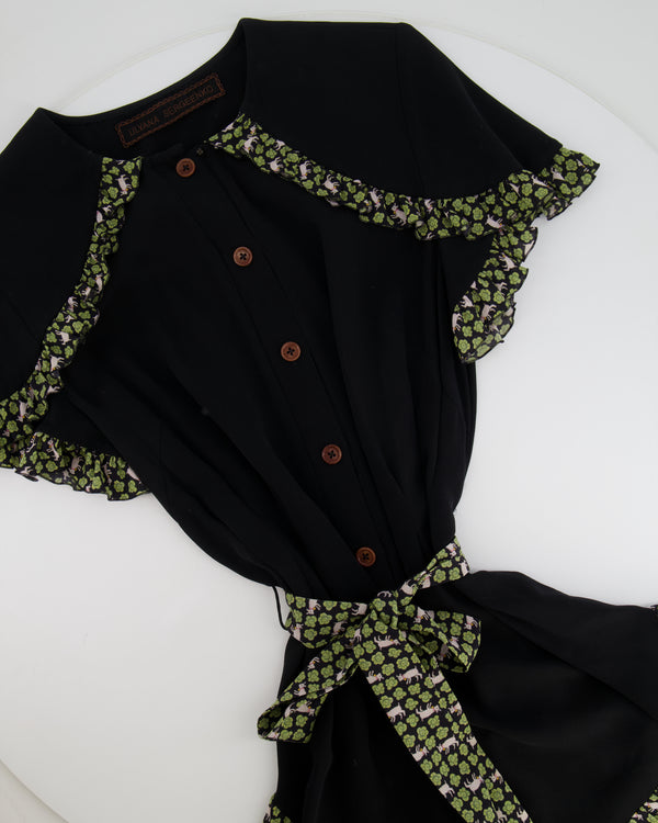 Ulyana Sergeenko Black Silk Belted Playsuit with Green Flower and Goat Print Trim Detail Size FR 36 (UK 8)