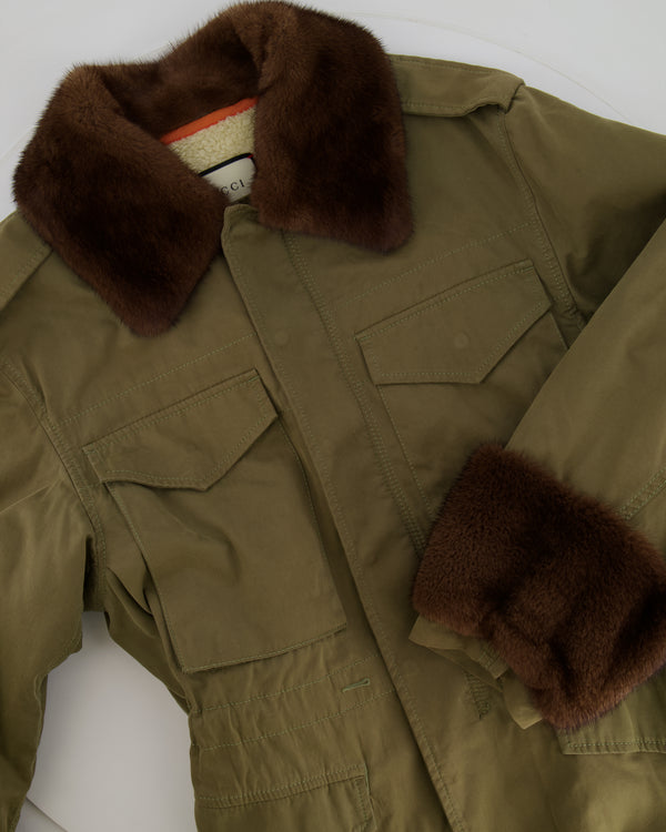 Gucci Khaki Jacket with Brown Mink Fur Trim and Shearling Lining with Logo Print Size IT 38 (UK 6)