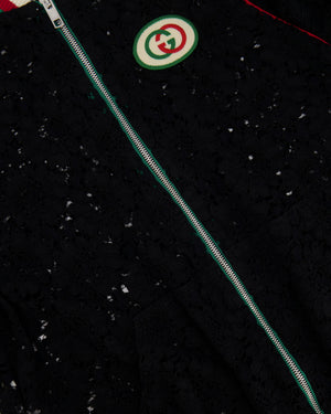 Gucci Black Lace Bomber Jacket with White, Red and Green Knitted Collar and Cuffs and GG Logo Detail Size IT 38 (UK 6)