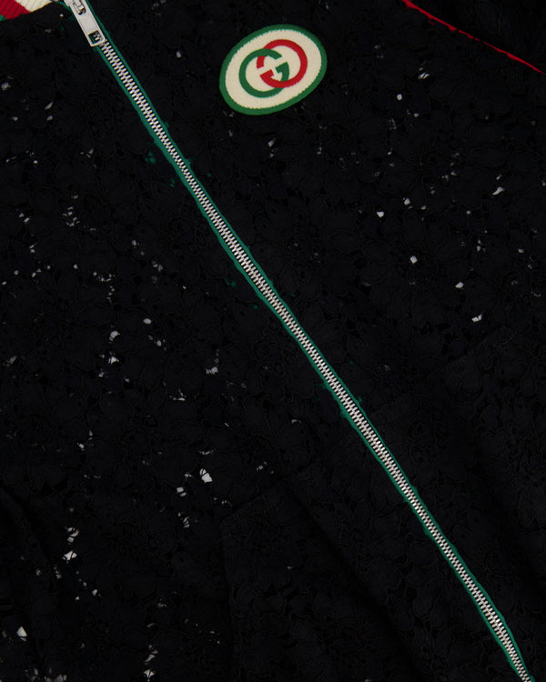 Gucci Black Lace Bomber Jacket with White, Red and Green Knitted Collar and Cuffs and GG Logo Detail Size IT 38 (UK 6)