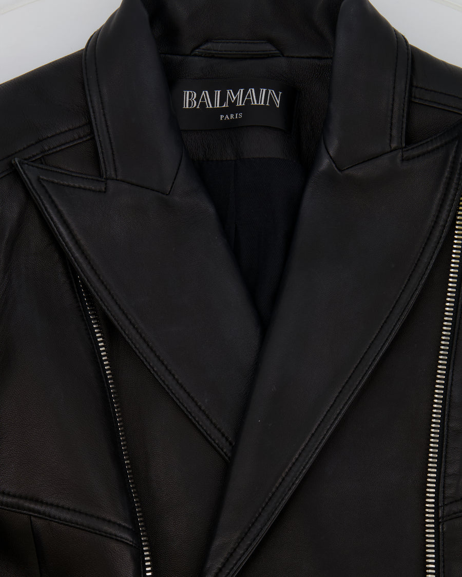 Balmain Black Leather Jacket with Silver Zippers Detail Size FR 40 (UK 12)