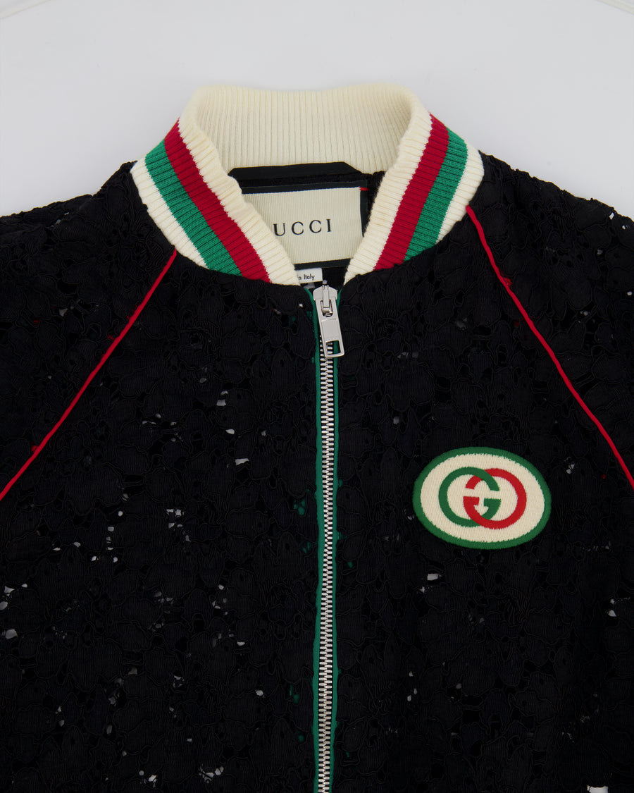 Gucci Black Lace Bomber Jacket with White, Red and Green Knitted Collar and Cuffs and GG Logo Detail Size IT 38 (UK 6)