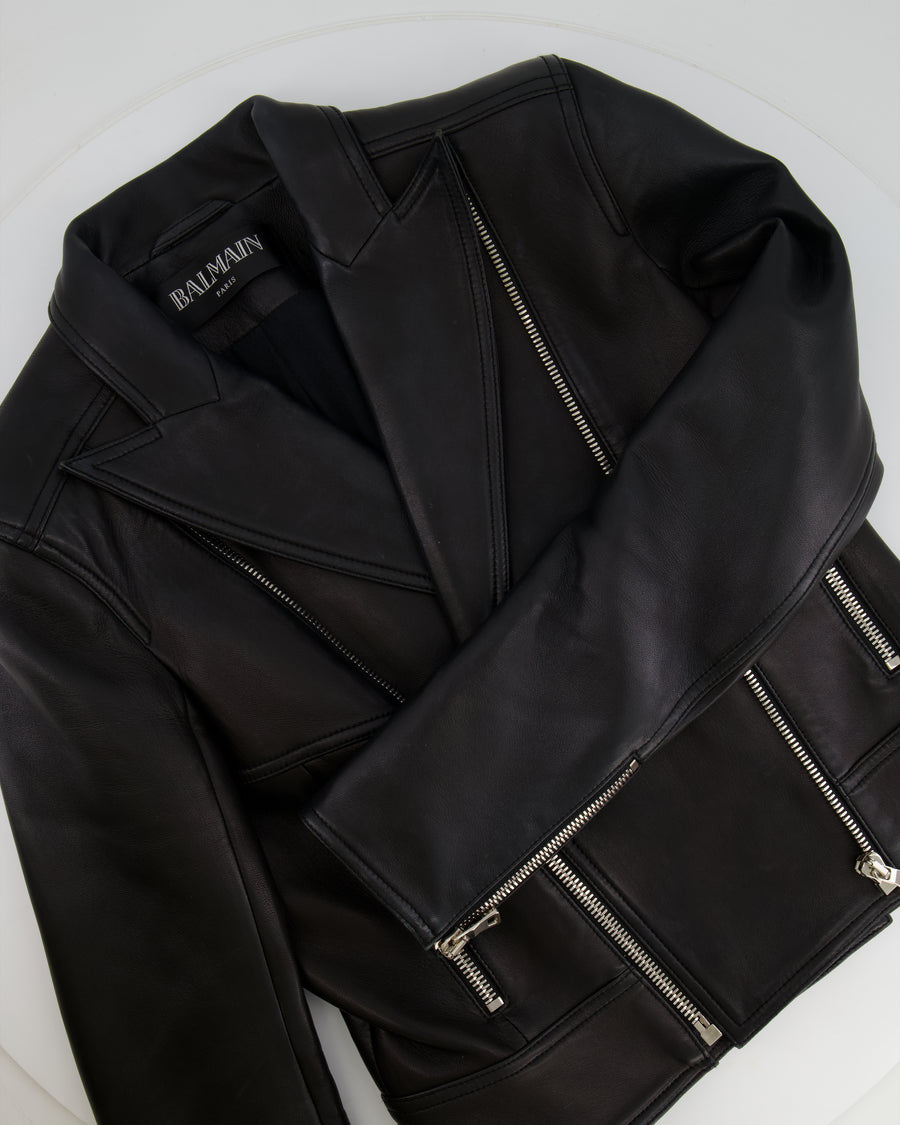 Balmain Black Leather Jacket with Silver Zippers Detail Size FR 40 (UK 12)