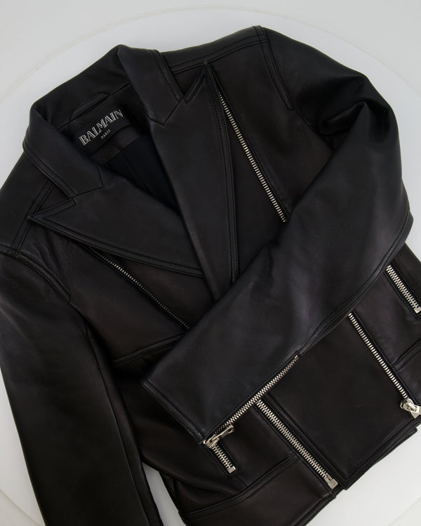 Balmain Black Leather Jacket with Silver Zippers Detail Size FR 40 (UK 12)