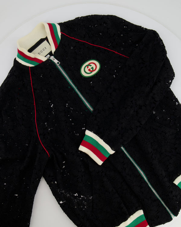 Gucci Black Lace Bomber Jacket with White, Red and Green Knitted Collar and Cuffs and GG Logo Detail Size IT 38 (UK 6)