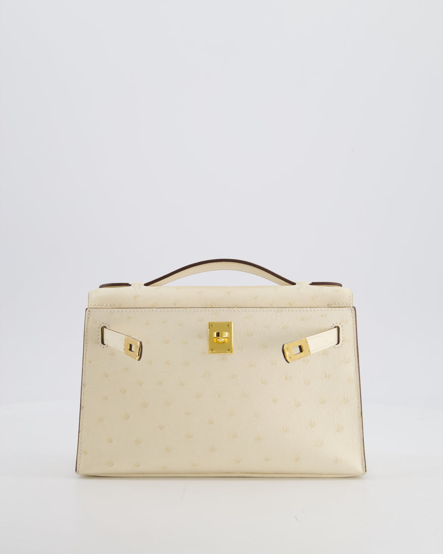 Hermès Kelly Pochette Bag in Nata Ostrich Leather with Gold Hardware