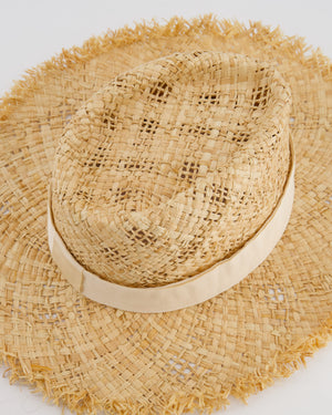 Chanel Beige Raffia Woven Hat with Cream Bandeaux and Silver CC Logo Size L