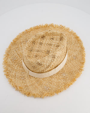 Chanel Beige Raffia Woven Hat with Cream Bandeaux and Silver CC Logo Size L