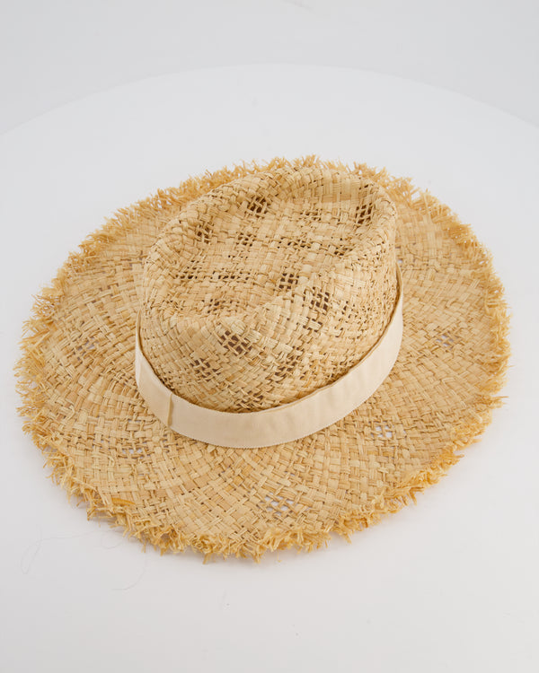 Chanel Beige Raffia Woven Hat with Cream Bandeaux and Silver CC Logo Size L