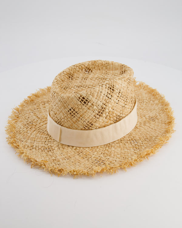 Chanel Beige Raffia Woven Hat with Cream Bandeaux and Silver CC Logo Size L