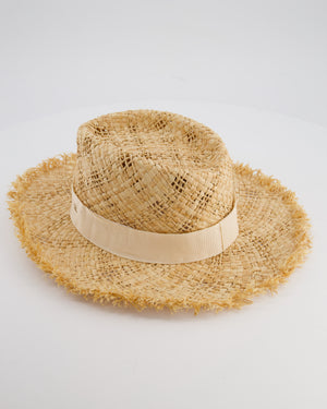 Chanel Beige Raffia Woven Hat with Cream Bandeaux and Silver CC Logo Size L