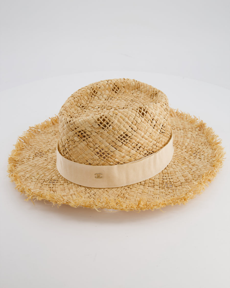 Chanel Beige Raffia Woven Hat with Cream Bandeaux and Silver CC Logo Size L