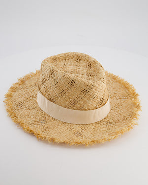 Chanel Beige Raffia Woven Hat with Cream Bandeaux and Silver CC Logo Size L