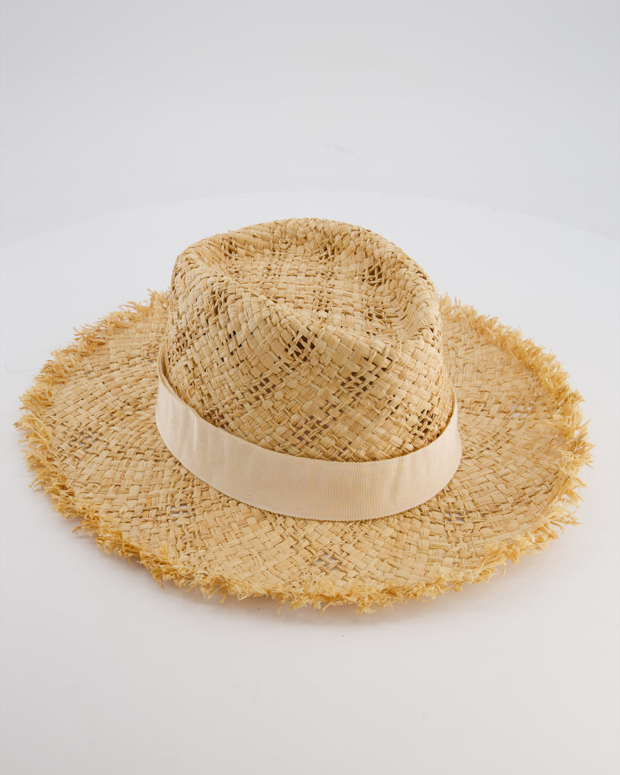 Chanel Beige Raffia Woven Hat with Cream Bandeaux and Silver CC Logo Size L