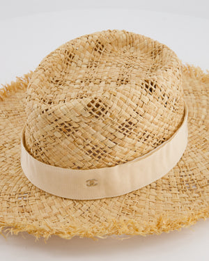 Chanel Beige Raffia Woven Hat with Cream Bandeaux and Silver CC Logo Size L