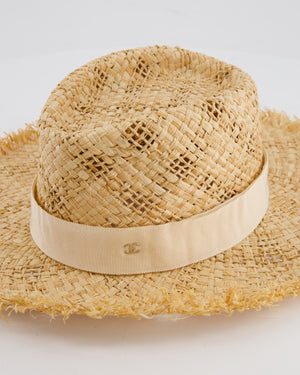 Chanel Beige Raffia Woven Hat with Cream Bandeaux and Silver CC Logo Size L