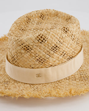 Chanel Beige Raffia Woven Hat with Cream Bandeaux and Silver CC Logo Size L