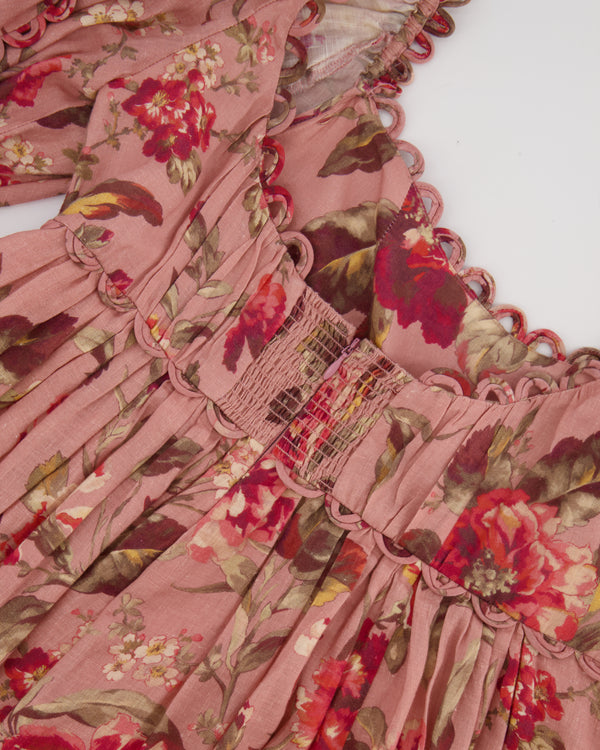 Zimmermann Pink Floral Mini Dress with Puff Sleeves and Scalloped Trim Detail Size 4 (UK 16)