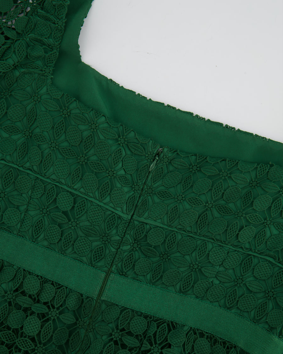 Self Portrait Green Lace Short Sleeved Midi Dress Size UK 14