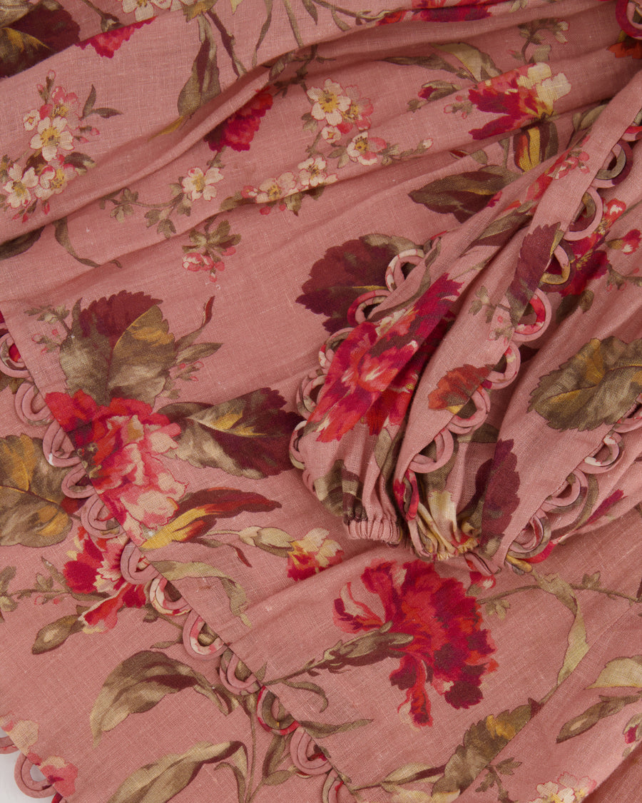 Zimmermann Pink Floral Mini Dress with Puff Sleeves and Scalloped Trim Detail Size 4 (UK 16)