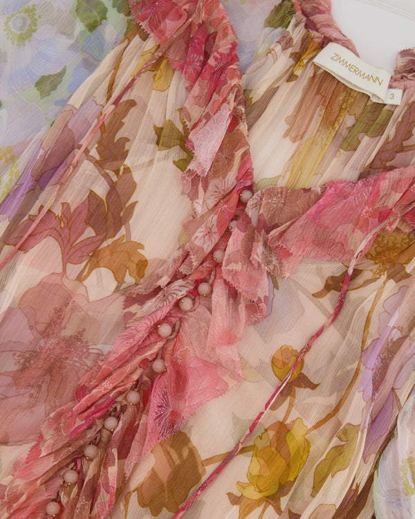 Zimmermann Pink and Light Blue Floral Mini Dress with Ruffle Details and Braided Belt Size 3 (UK 14)
