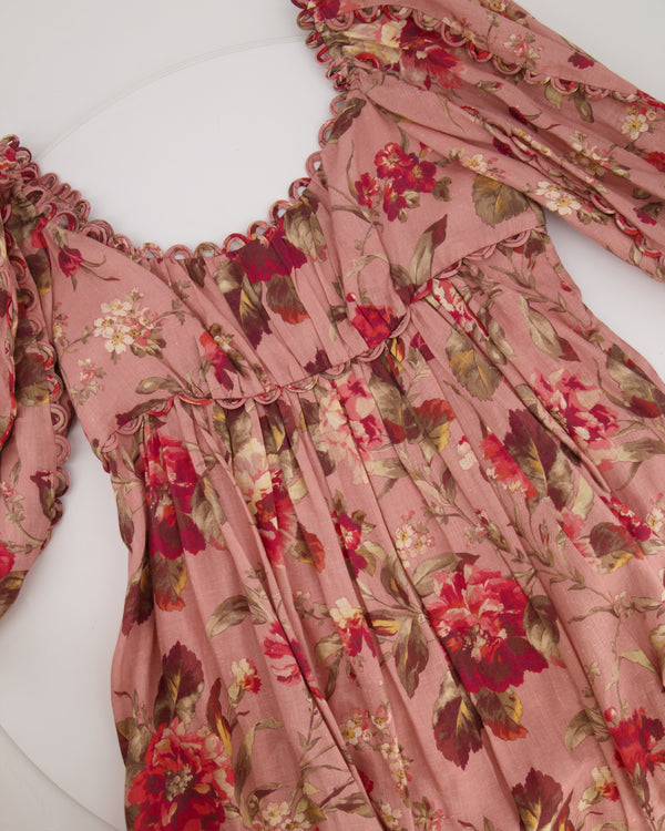 Zimmermann Pink Floral Mini Dress with Puff Sleeves and Scalloped Trim Detail Size 4 (UK 16)