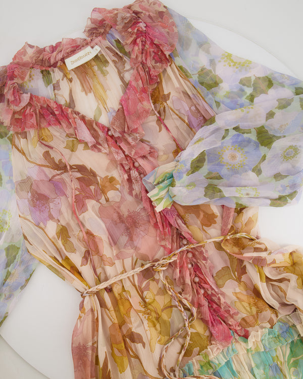 Zimmermann Pink and Light Blue Floral Mini Dress with Ruffle Details and Braided Belt Size 3 (UK 14)