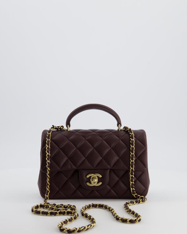 Chanel Mini Rectangular Top Handle Bag in Dark Burgundy Lambskin Leather with Champagne Gold Hardware