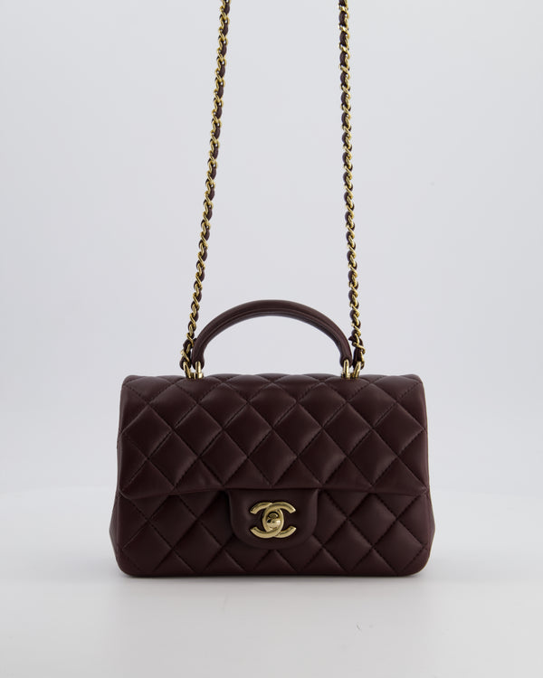 Chanel Mini Rectangular Top Handle Bag in Dark Burgundy Lambskin Leather with Champagne Gold Hardware