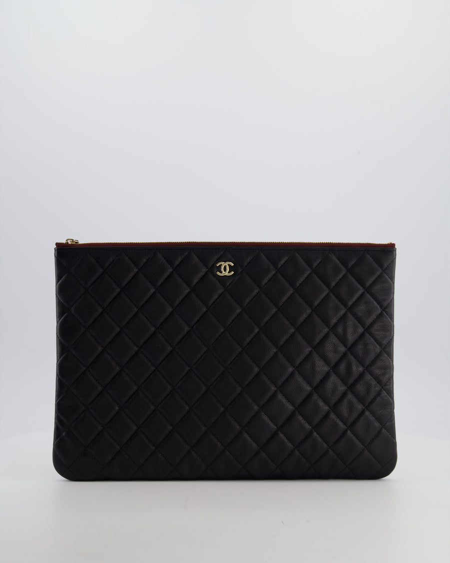 Chanel Large Black O Case Zip Pouch in Caviar Leather with Champagne Gold Hardware
