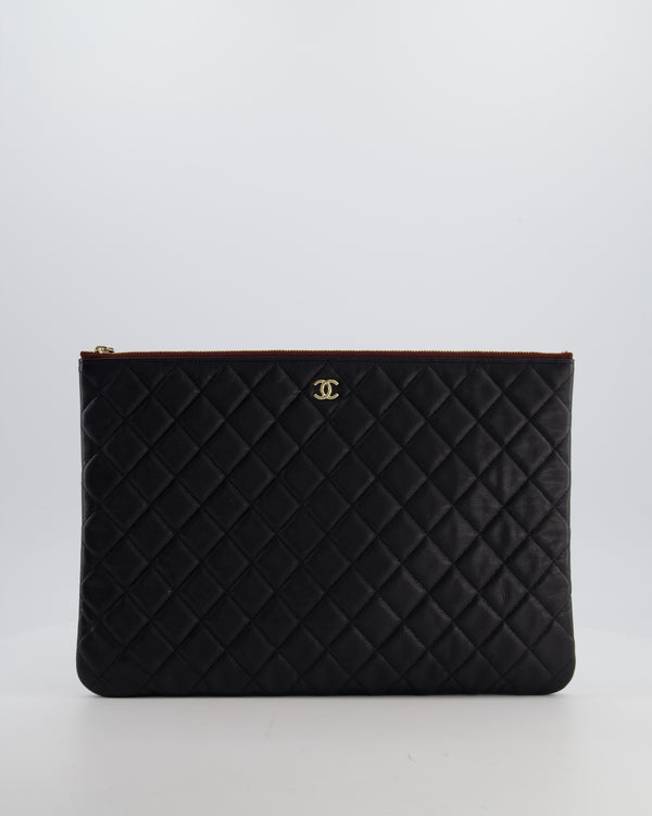 Chanel Large Black O Case Zip Pouch in Caviar Leather with Champagne Gold Hardware