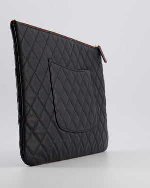 Chanel Large Black O Case Zip Pouch in Caviar Leather with Champagne Gold Hardware