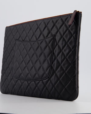 Chanel Large Black O Case Zip Pouch in Caviar Leather with Champagne Gold Hardware