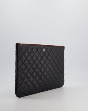 Chanel Large Black O Case Zip Pouch in Caviar Leather with Champagne Gold Hardware