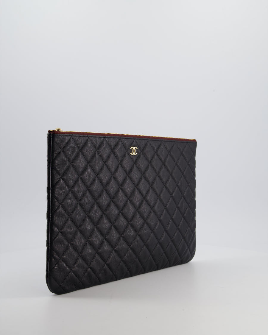 Chanel Large Black O Case Zip Pouch in Caviar Leather with Champagne Gold Hardware