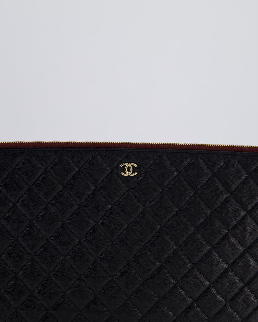 Chanel Large Black O Case Zip Pouch in Caviar Leather with Champagne Gold Hardware