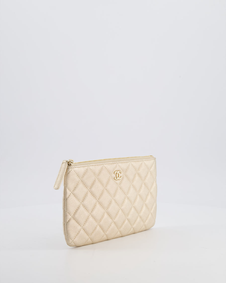 Chanel Medium Metallic Light Gold O Case Zip Pouch in Lambskin Leather with Champagne Gold Hardware