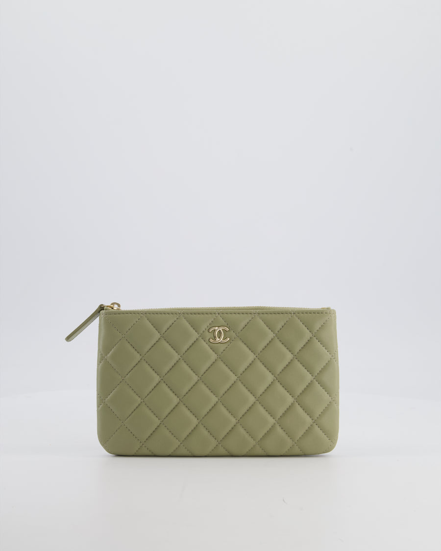 Chanel Medium Khaki Green O Case Zip Pouch in Lambskin Leather with Champagne Gold Hardware