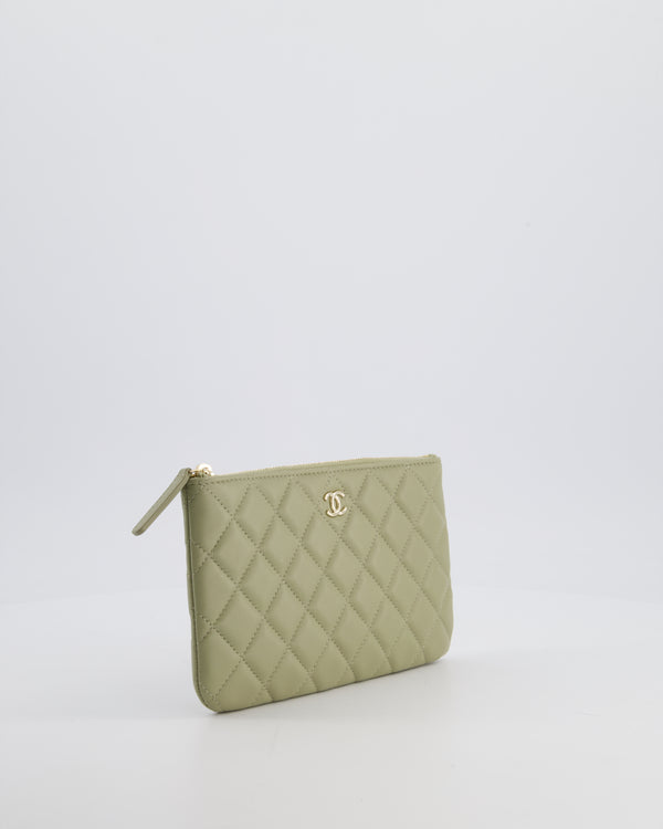 Chanel Medium Khaki Green O Case Zip Pouch in Lambskin Leather with Champagne Gold Hardware