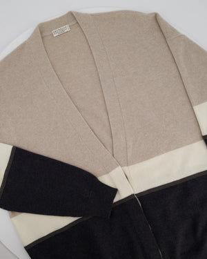 Brunello Cucinelli Taupe, White, and Grey Colour Block Cashmere Cardigan with Monili Trim Detail Size XL (UK 14)