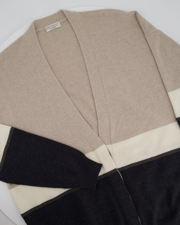 Brunello Cucinelli Taupe, White, and Grey Colour Block Cashmere Cardigan with Monili Trim Detail Size XL (UK 14)