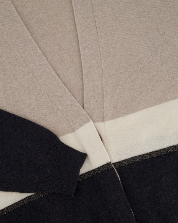 Brunello Cucinelli Taupe, White, and Grey Colour Block Cashmere Cardigan with Monili Trim Detail Size XL (UK 14)