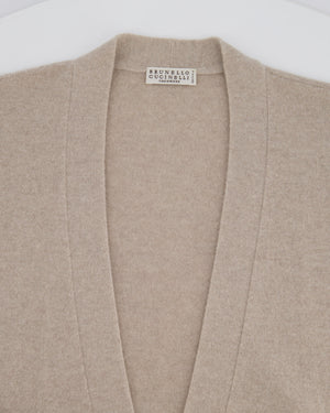 Brunello Cucinelli Taupe, White, and Grey Colour Block Cashmere Cardigan with Monili Trim Detail Size XL (UK 14)