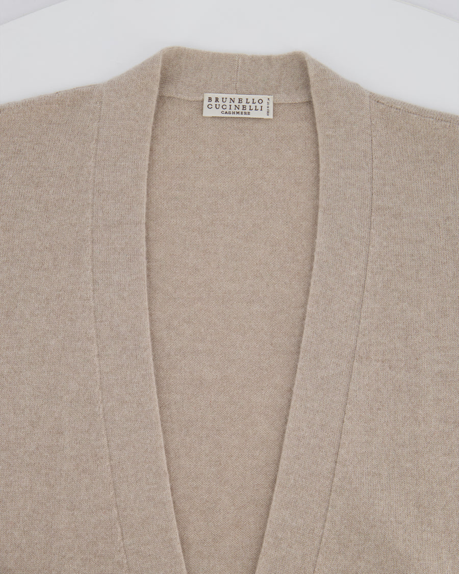 Brunello Cucinelli Taupe, White, and Grey Colour Block Cashmere Cardigan with Monili Trim Detail Size XL (UK 14)