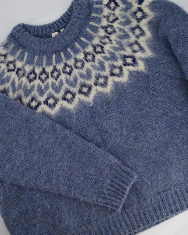 Celine AW22 Light Blue Brushed Fair Isle Wool Oversized Crew Neck Jumper Size M (UK 10)
