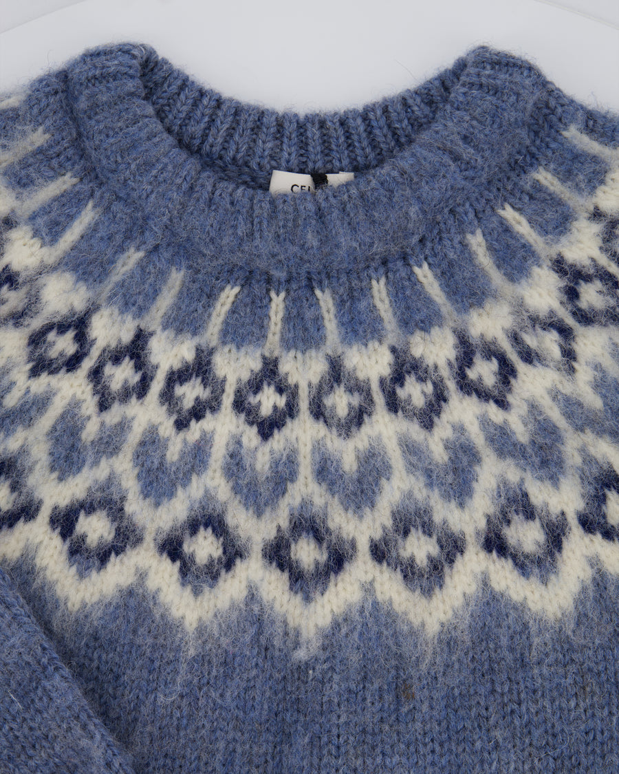 Celine AW22 Light Blue Brushed Fair Isle Wool Oversized Crew Neck Jumper Size M (UK 10)