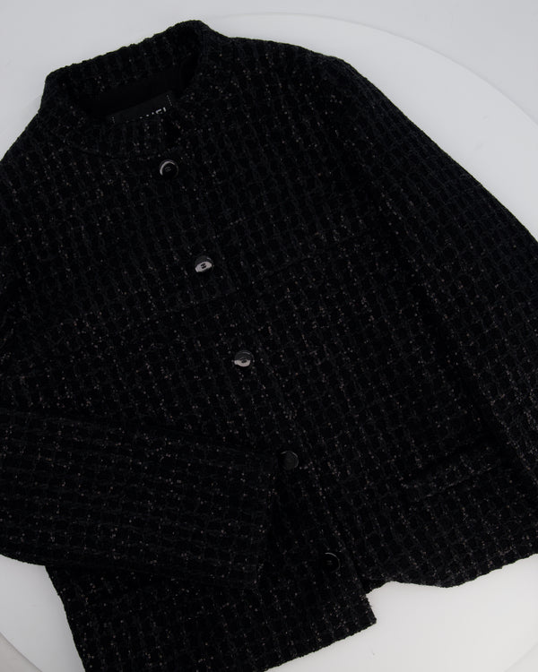 Chanel 25C Black Sequin Single-Breasted Collarless Tweed Jacket with CC Button Detail Size FR 42 (UK 14)