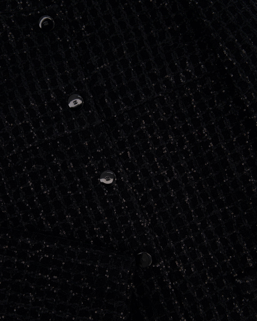 Chanel 25C Black Sequin Single-Breasted Collarless Tweed Jacket with CC Button Detail Size FR 42 (UK 14)