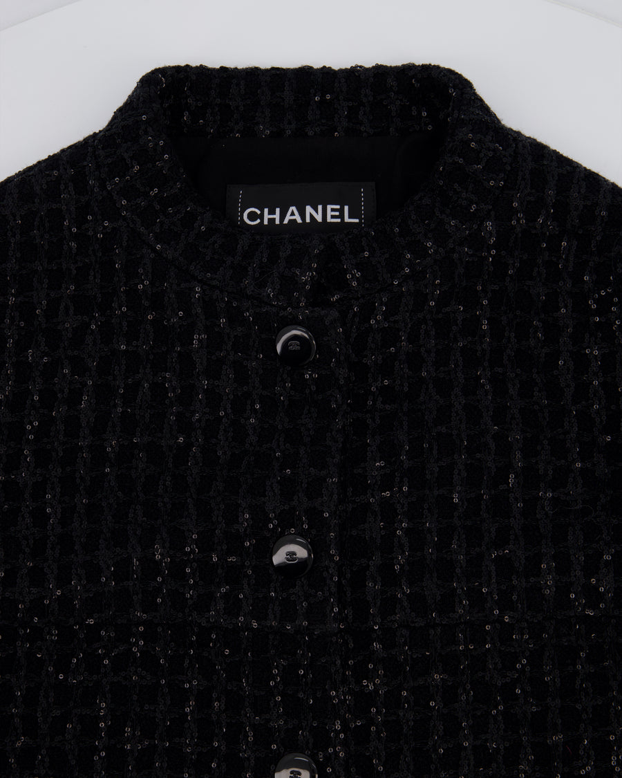 Chanel 25C Black Sequin Single-Breasted Collarless Tweed Jacket with CC Button Detail Size FR 42 (UK 14)
