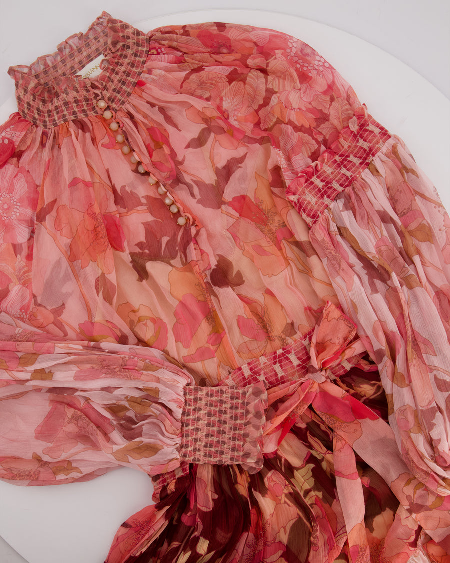 Zimmerman Pink Mixed Floral Printed Concert Spliced Lantern Mini Dress with Tie Belt Size 3 (UK 14)